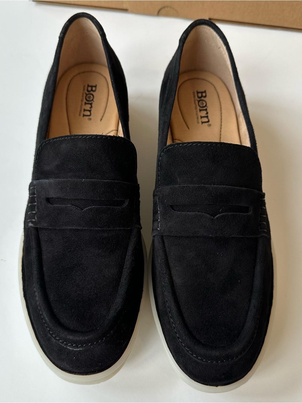 Born Black Suede Bree Penny Loafers with White Sole